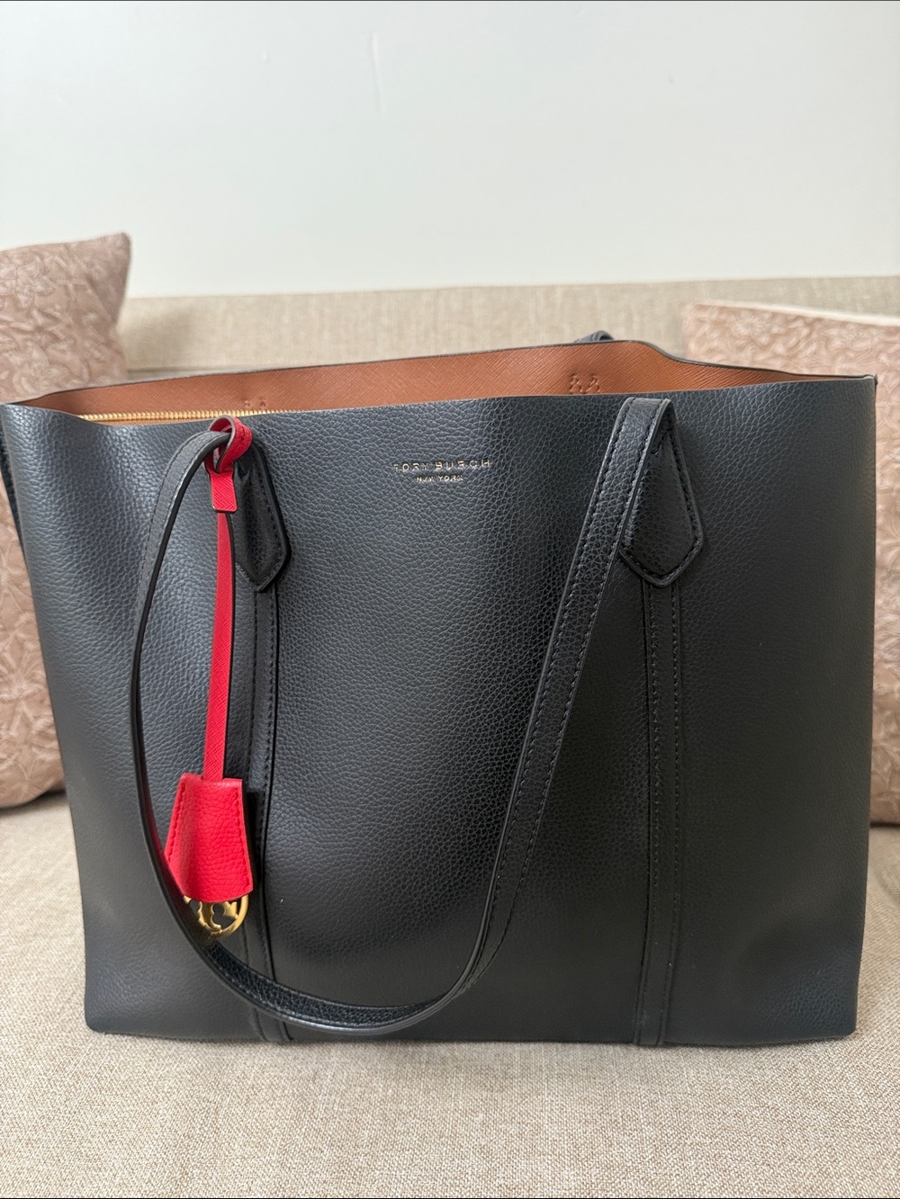 Tory Burch Black Leather Tote Bag with Red Accent and Gold Logo